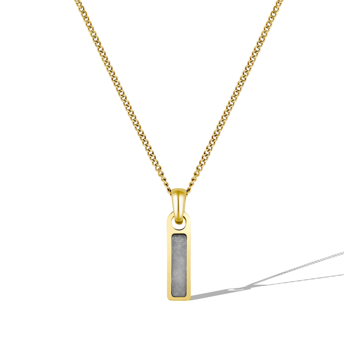 Gold necklace with a rectangular pendant on a white background