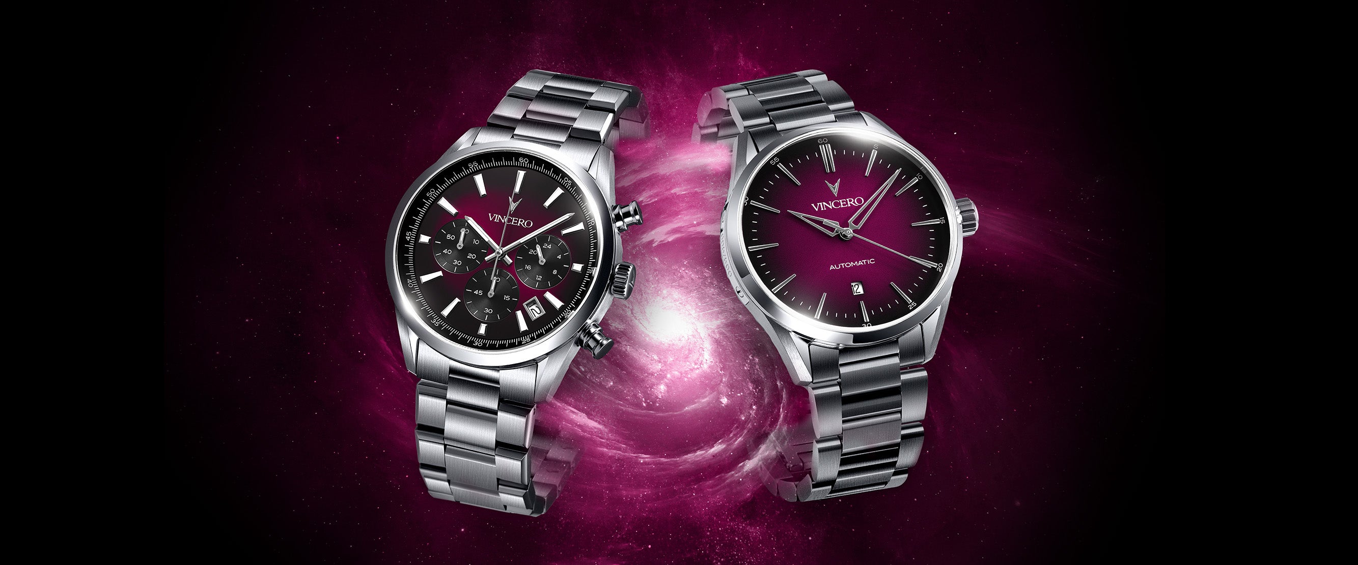 Two watches with metallic bands on a dark background