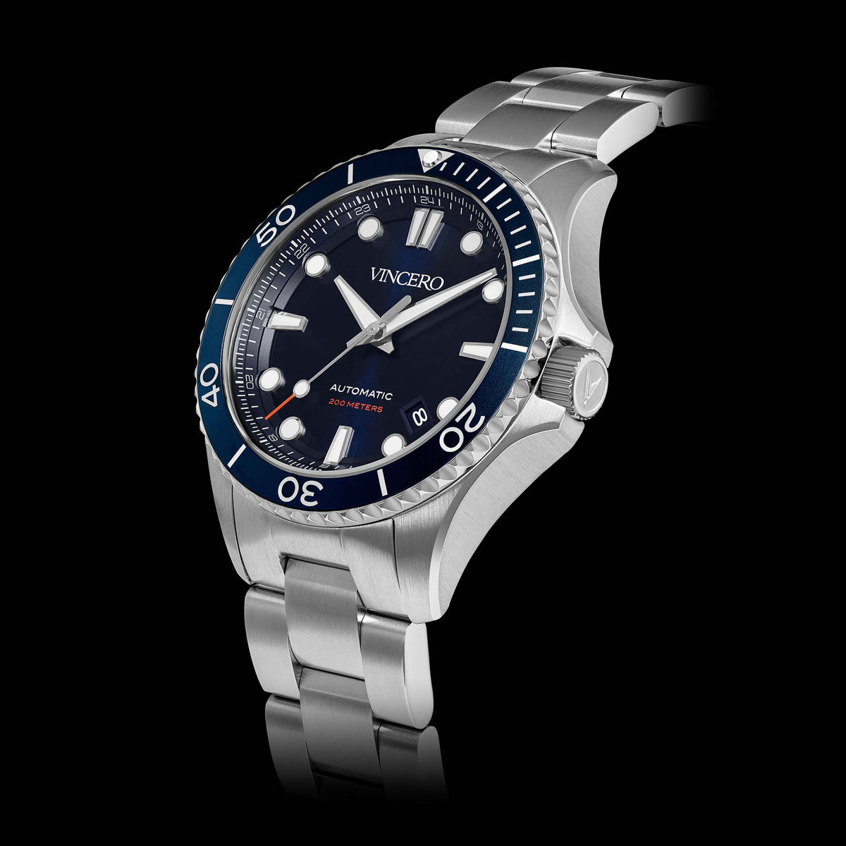 Silver wristwatch with blue dial on a black background