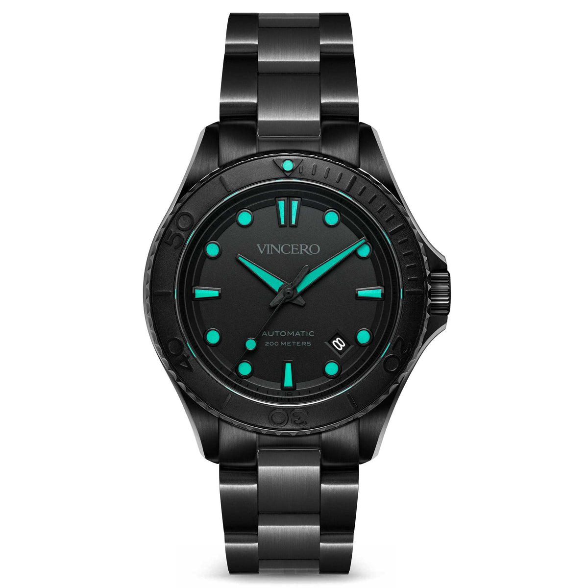 Black wristwatch with green accents on a white background