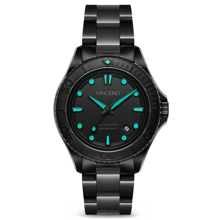 Black wristwatch with green accents on a white background