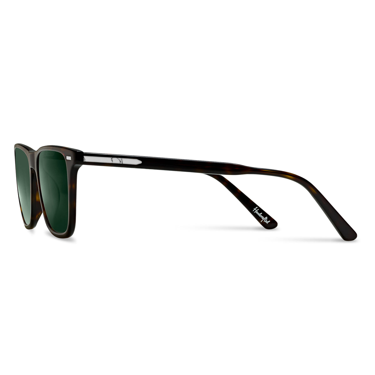 Sunglasses with dark brown frame and green lenses on a white background