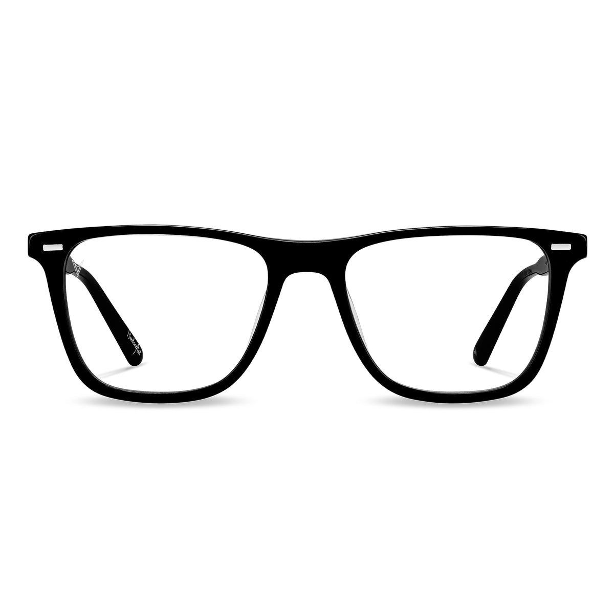 A pair of rectangular-framed, black acetate eyeglasses with clear lenses.