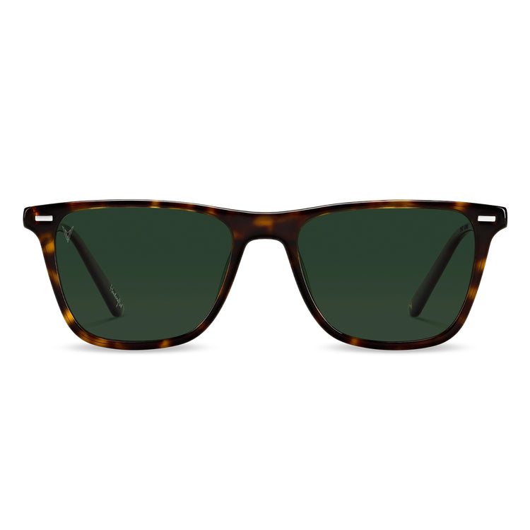 A pair of brindle tortoise patterned sunglasses with green lenses.