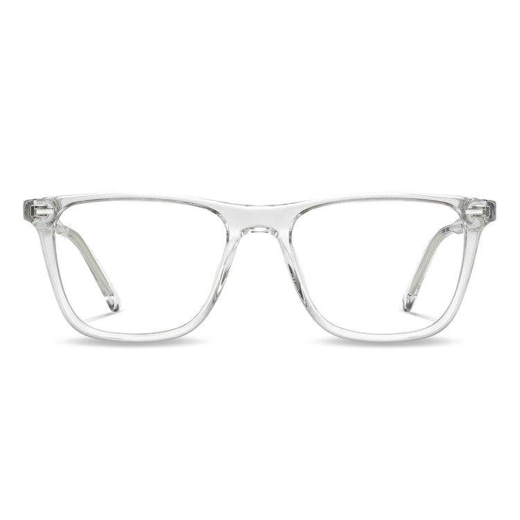 A pair of clear, square-framed eyeglasses with a subtle pattern, likely acetate material, with visible hinges.