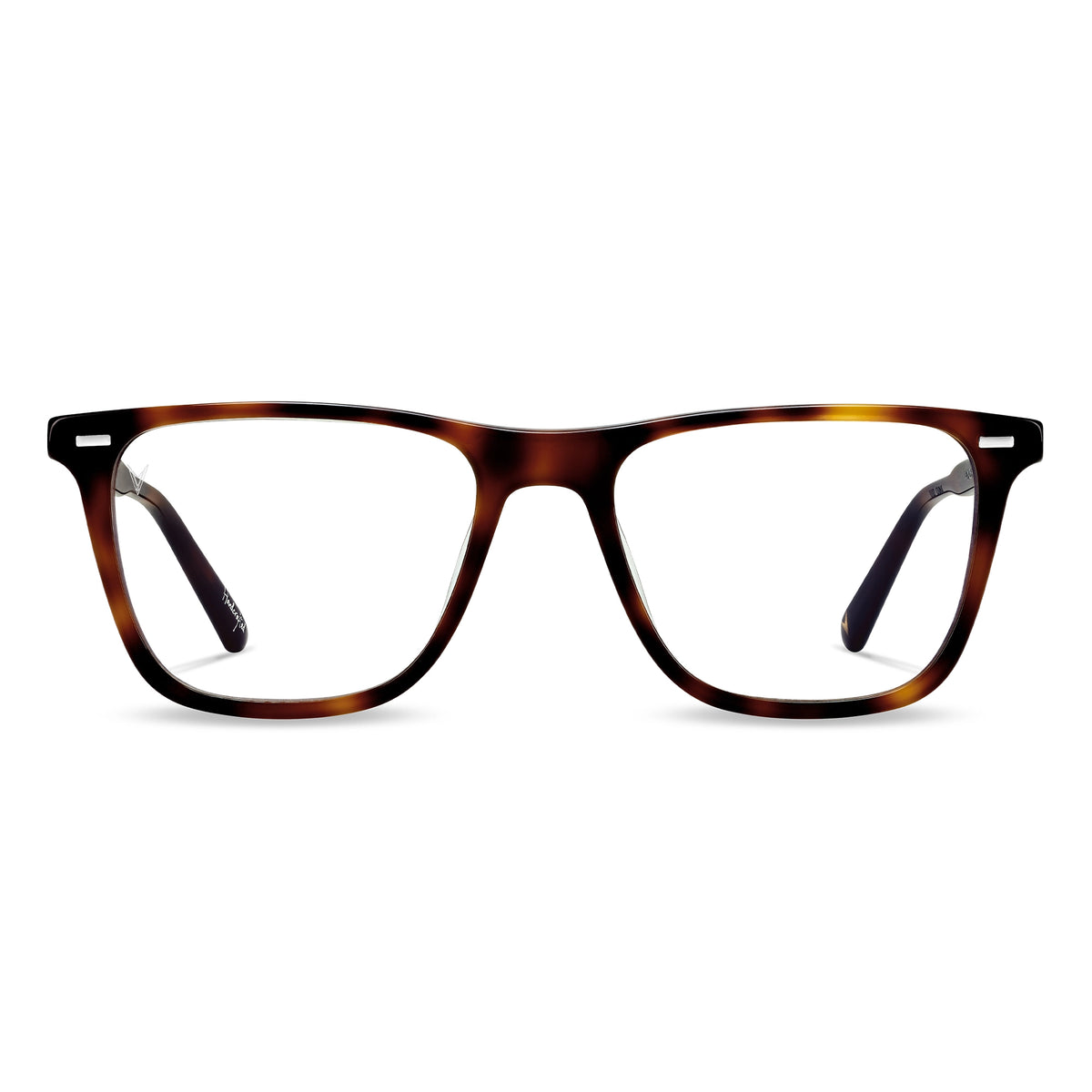 A pair of square-framed, tortoise-shell patterned eyeglasses with clear lenses.