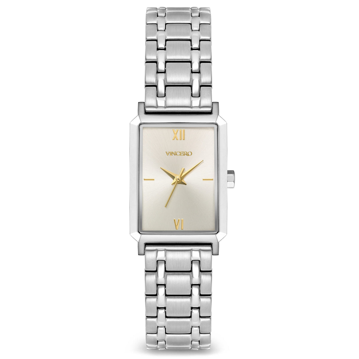 A silver-toned rectangular Ava S2 watch with a champagne (gold) band and dial.