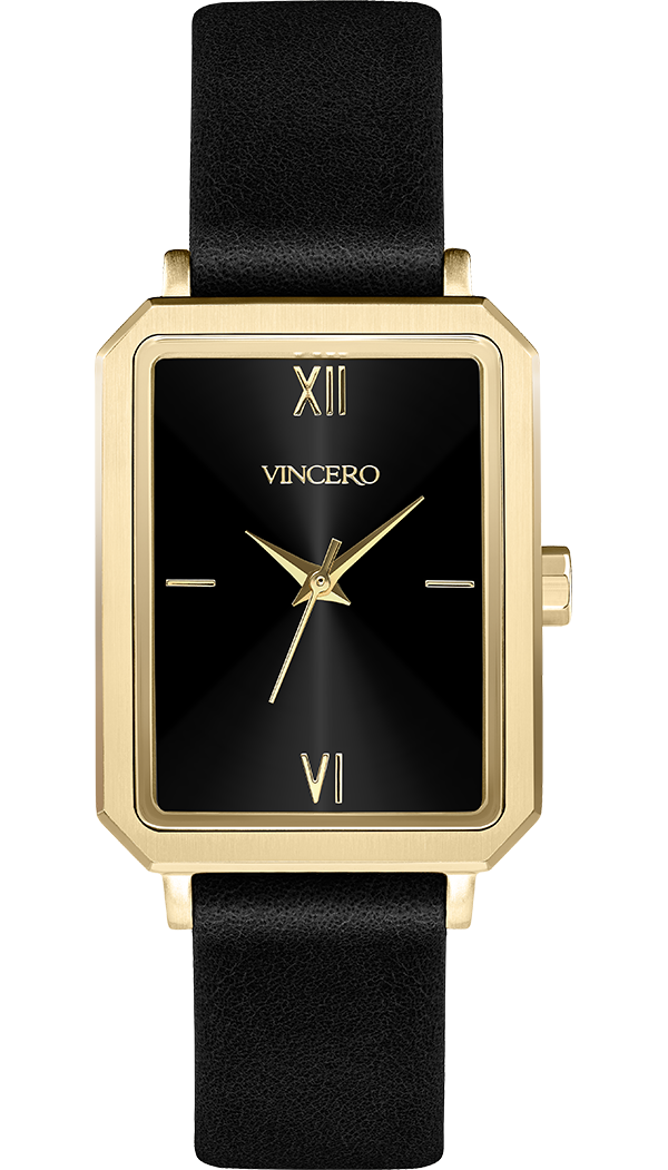 Black and gold rectangle watch with black leather watch