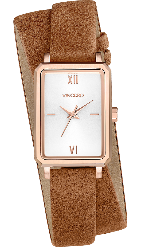 White and brown rectangle watch with double strap brown leather watch