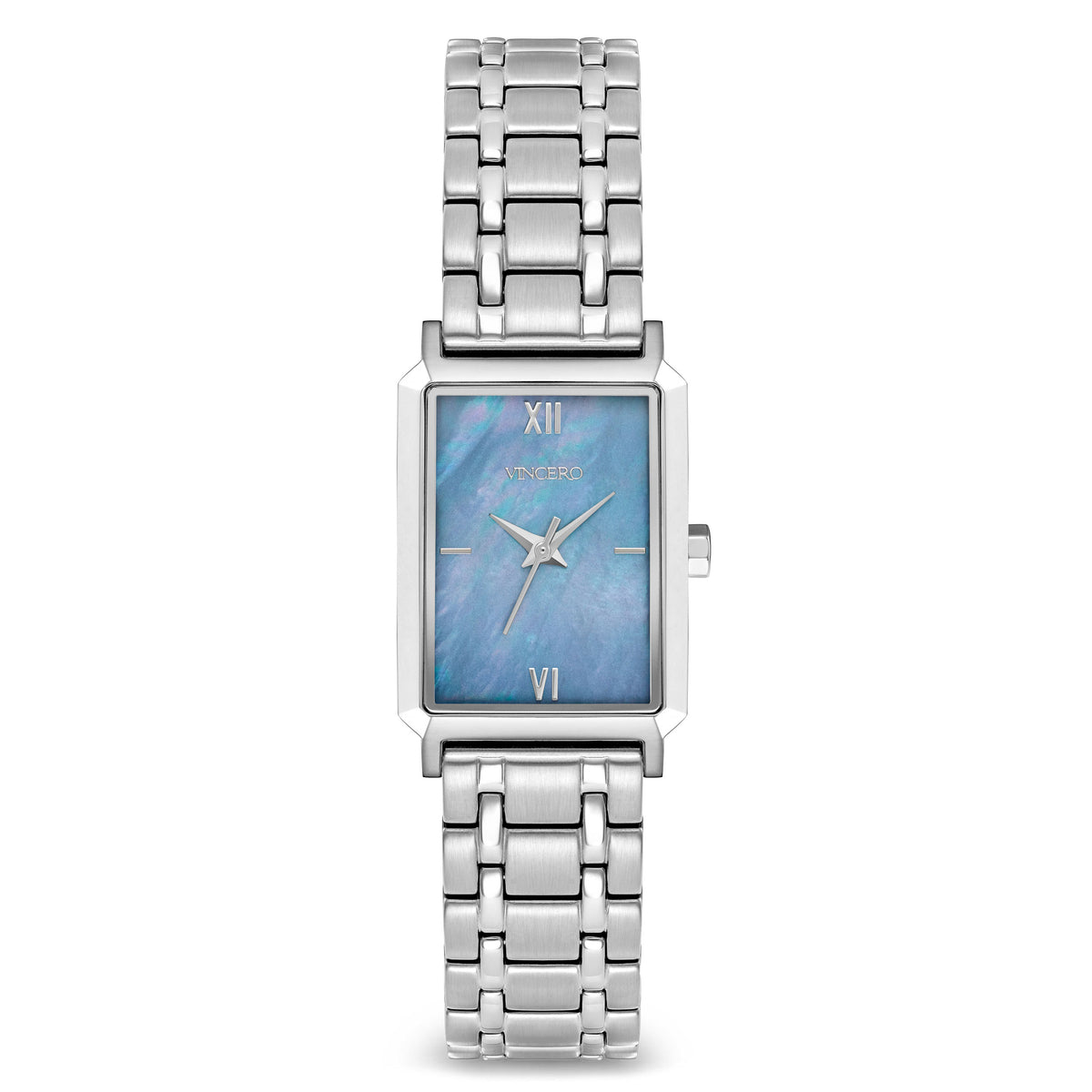 A silver-colored Ava S2 ladies watch with a blue pearl dial and a stainless steel bracelet.