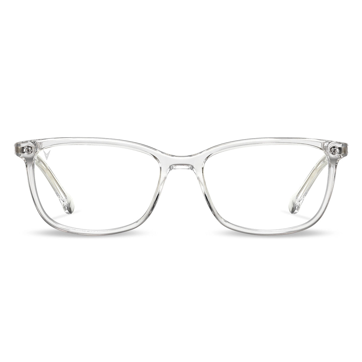 A pair of clear blue-light-blocking glasses with a full plastic frame and metal hinges.