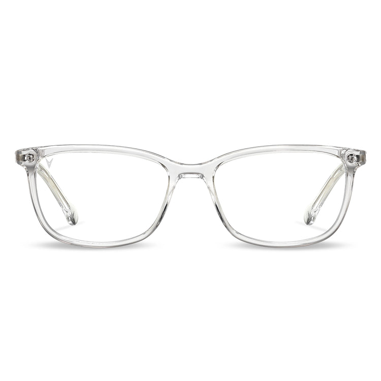 A pair of clear blue-light-blocking glasses with a full plastic frame and metal hinges.