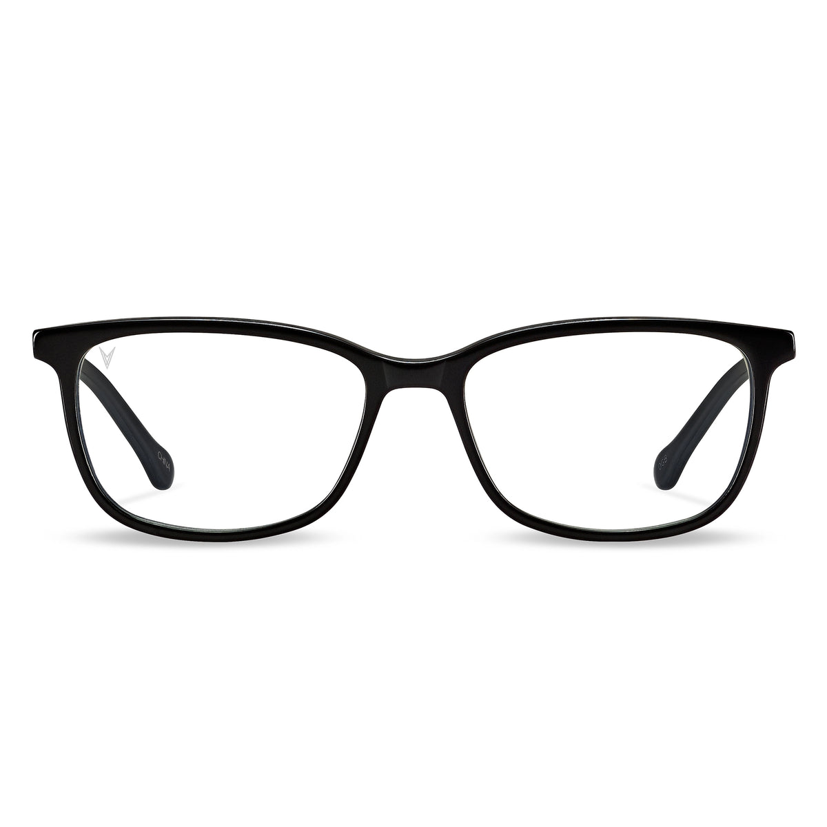 A pair of jet black, blue light blocking glasses with a full plastic frame and clear lenses.