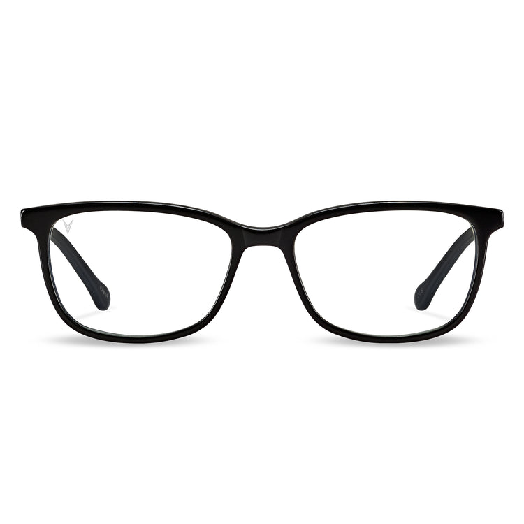 A pair of jet black, blue light blocking glasses with a full plastic frame and clear lenses.