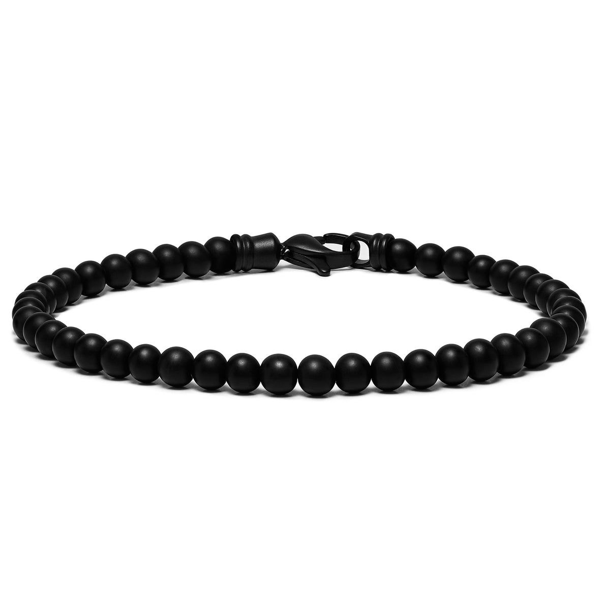 A black bead bracelet with a polished finish, featuring a sliding closure.