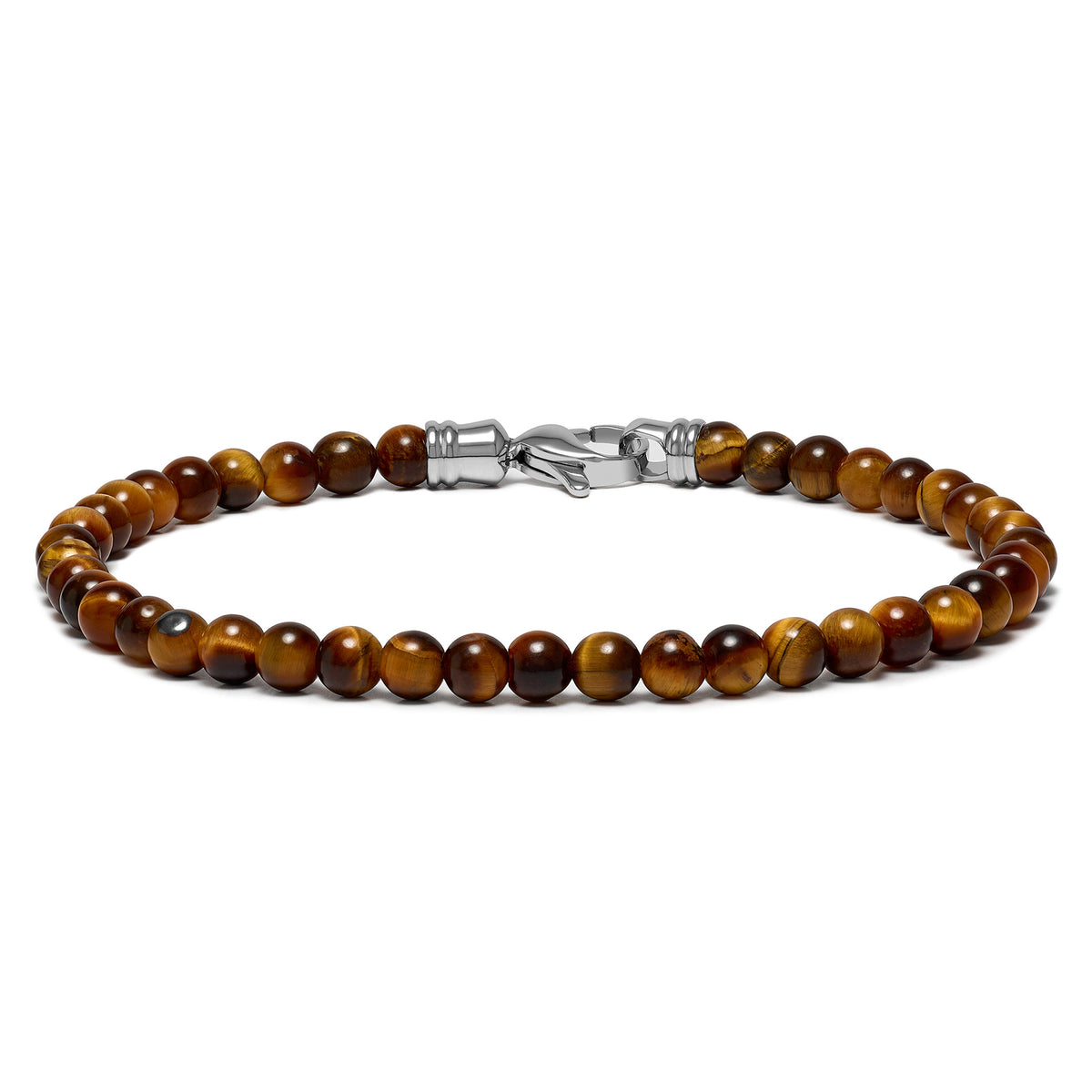 A bead bracelet made of brown Tiger's Eye stones with a metal clasp, displayed against a white background.