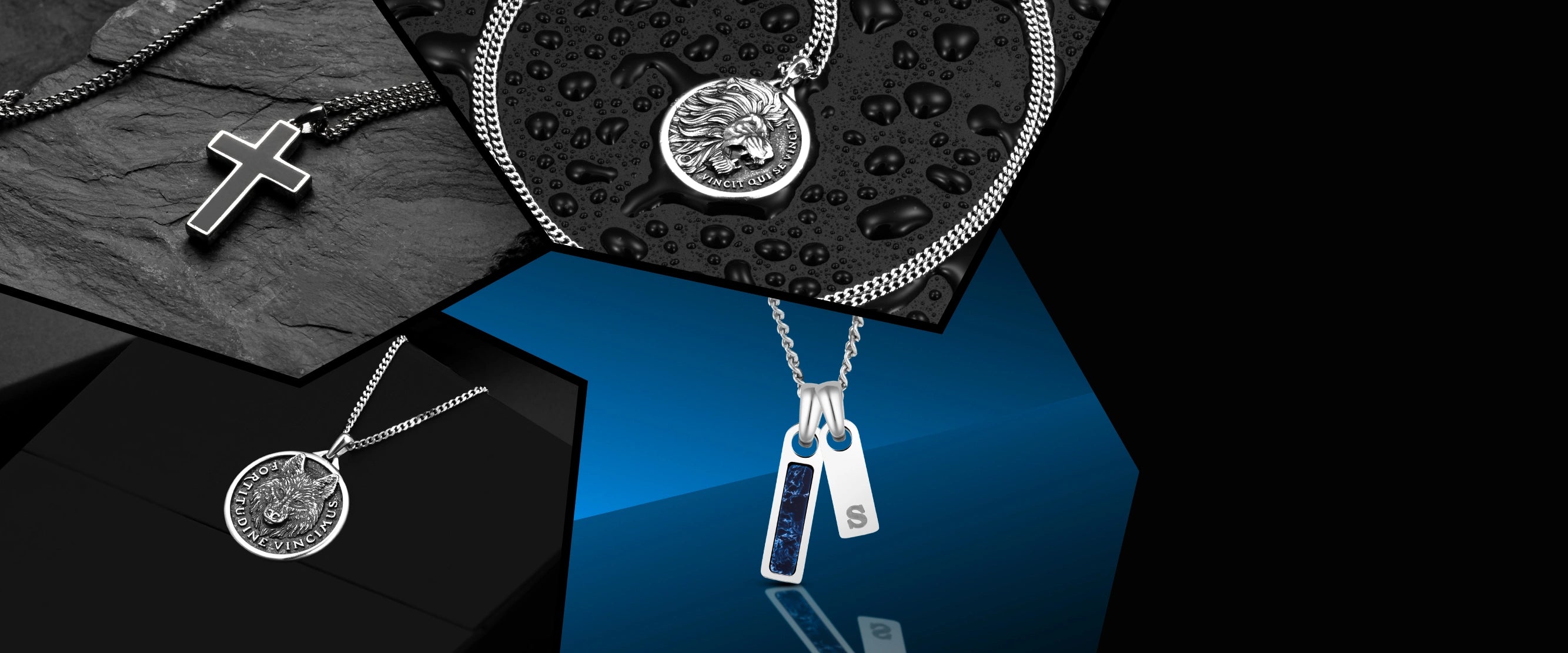 Jewelry set with pendants on a reflective surface