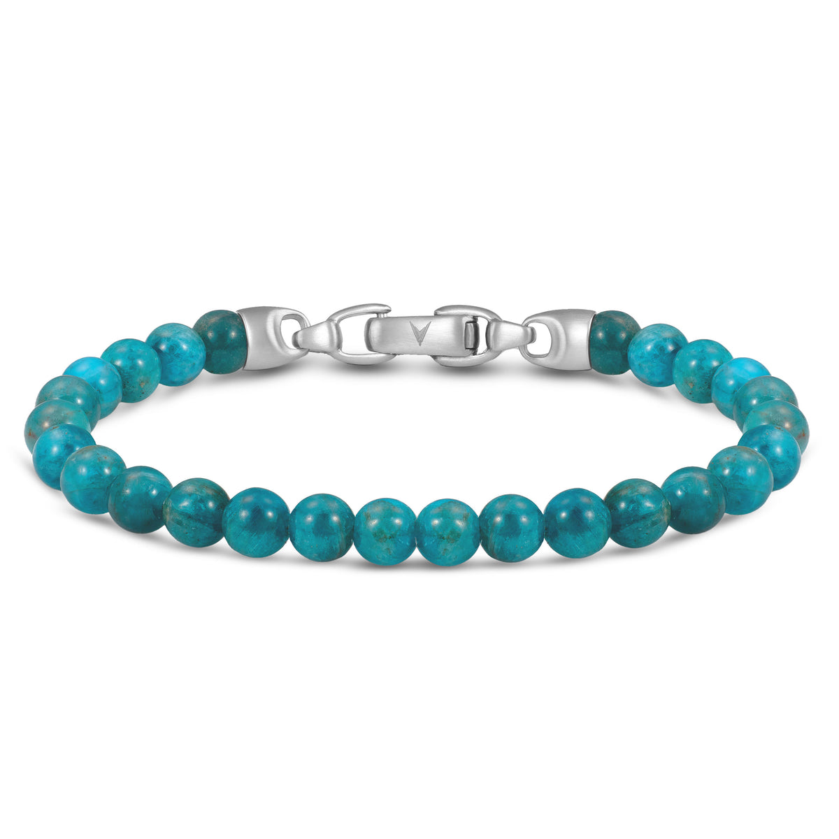 Turquoise beaded bracelet with a silver clasp on a white background