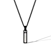 Black chain necklace with a rectangular pendant on a white background