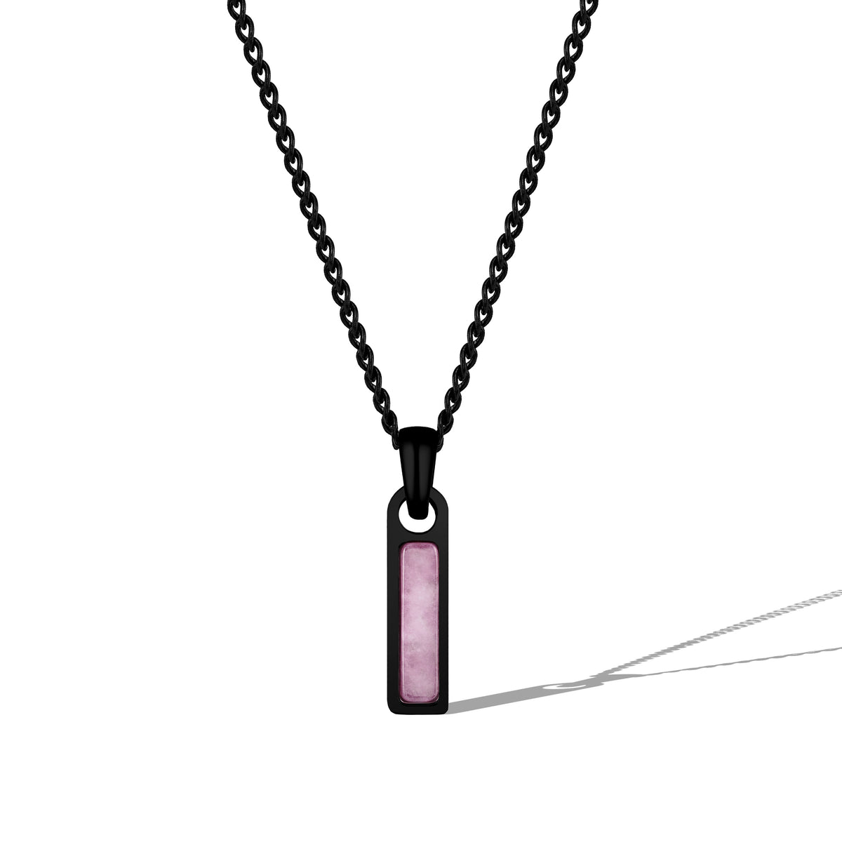 Black chain necklace with a rectangular pendant on a white background