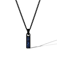 Black chain necklace with a blue pendant on a white background