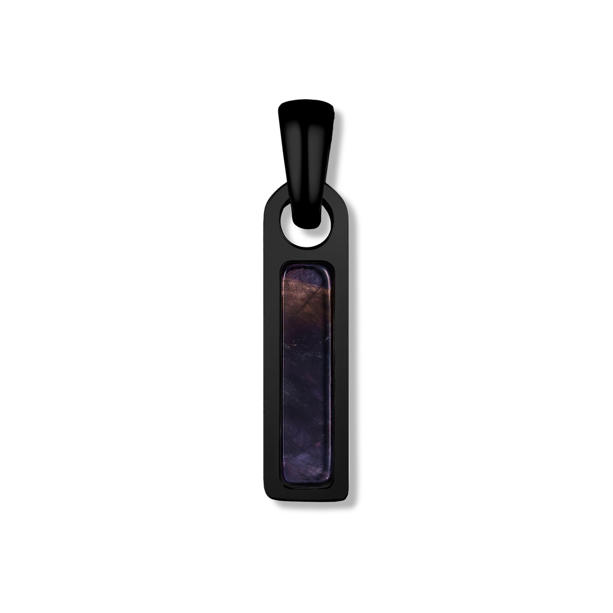 Black pendant with a purple stone on a white background