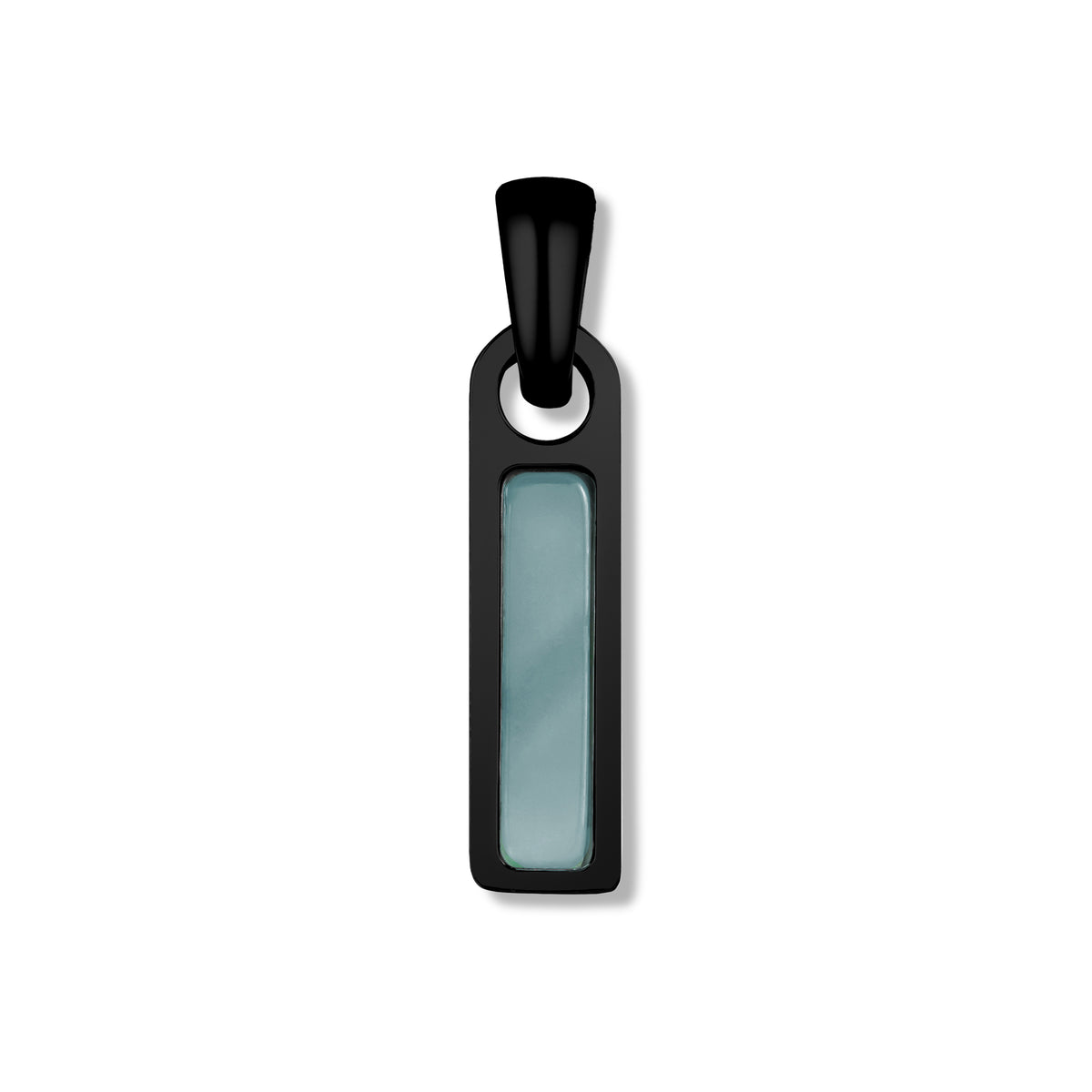 Black pendant with a light blue rectangular center on a white background