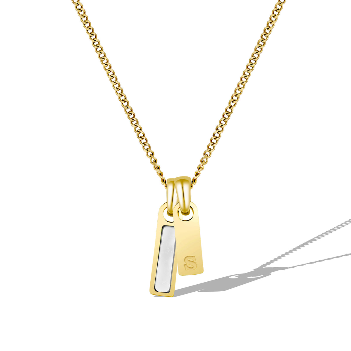 Gold necklace with a pendant on a white background