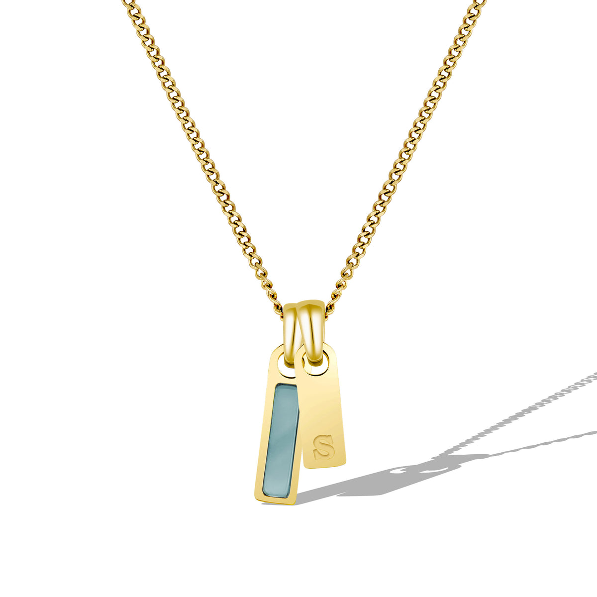 Gold necklace with a pendant on a white background
