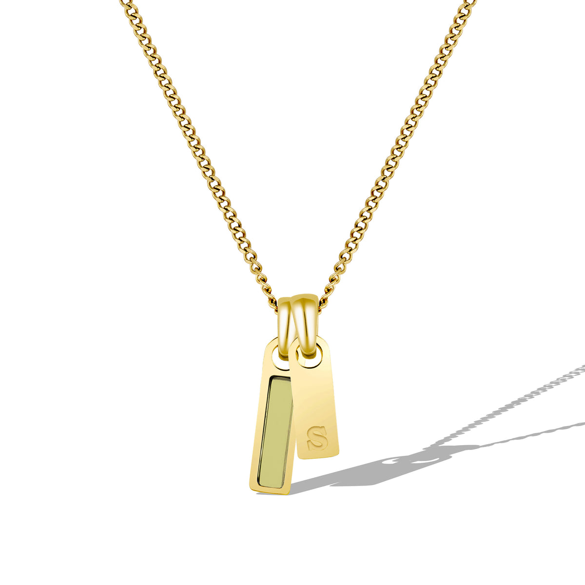 Gold necklace with a pendant on a white background