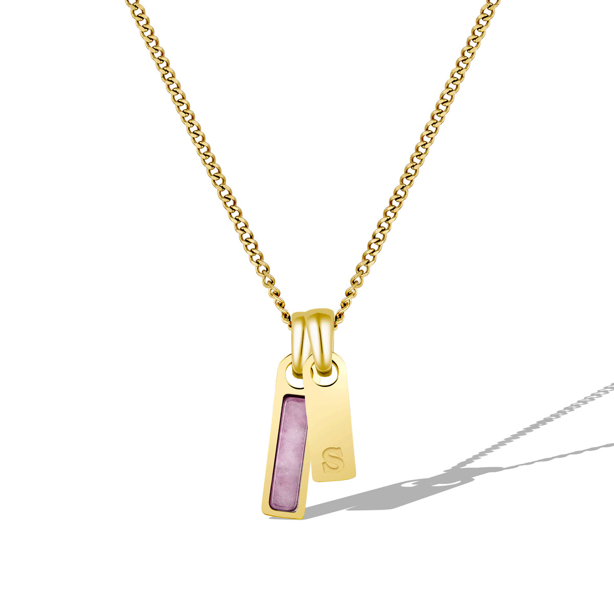 Gold necklace with a pendant featuring a purple stone on a white background
