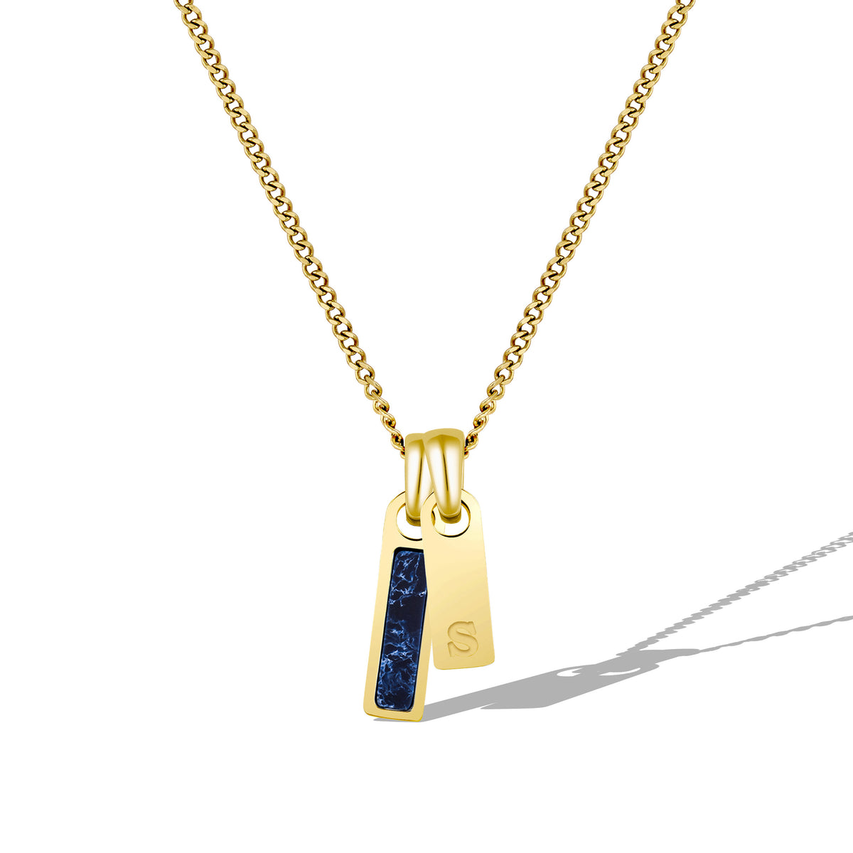 Gold necklace with a pendant featuring a blue stone on a white background