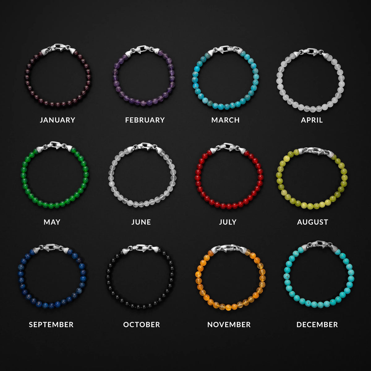 Bracelets for each month of the year on a black background