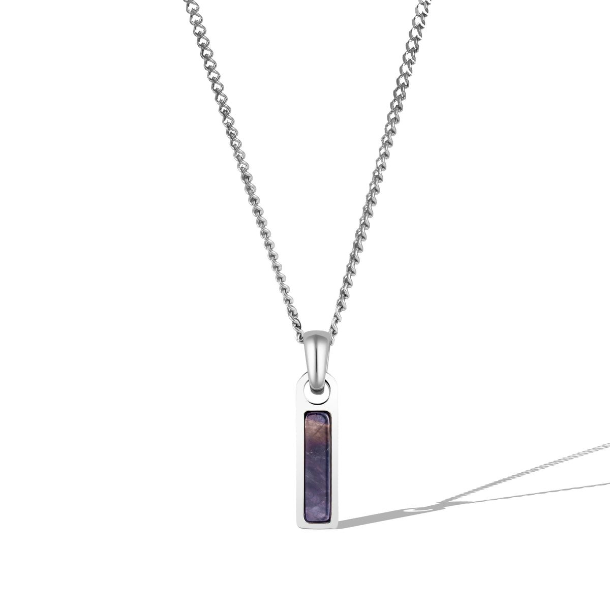 A silver necklace with a rectangular purple tag pendant attached to a chain.