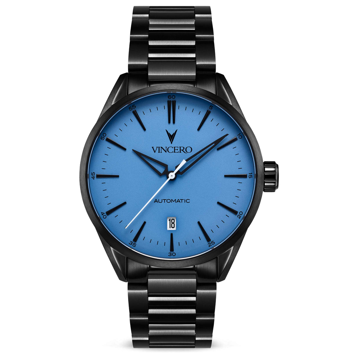 Close-up of the Icon Automatic watch, featuring a blue face, matte black casing, and matte black band.
