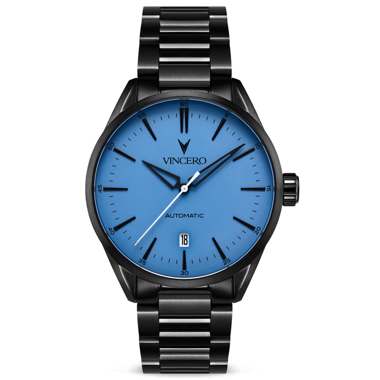 Close-up of the Icon Automatic watch, featuring a blue face, matte black casing, and matte black band.
