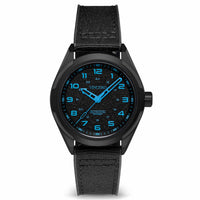 Black wristwatch with blue accents on a white background