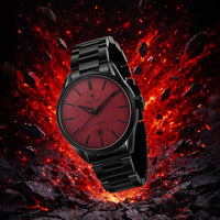 Black wristwatch with red face on a fiery background
