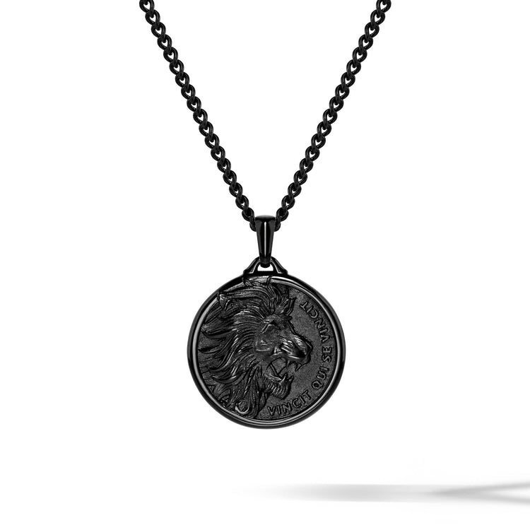 Black lion pendant necklace on a white background