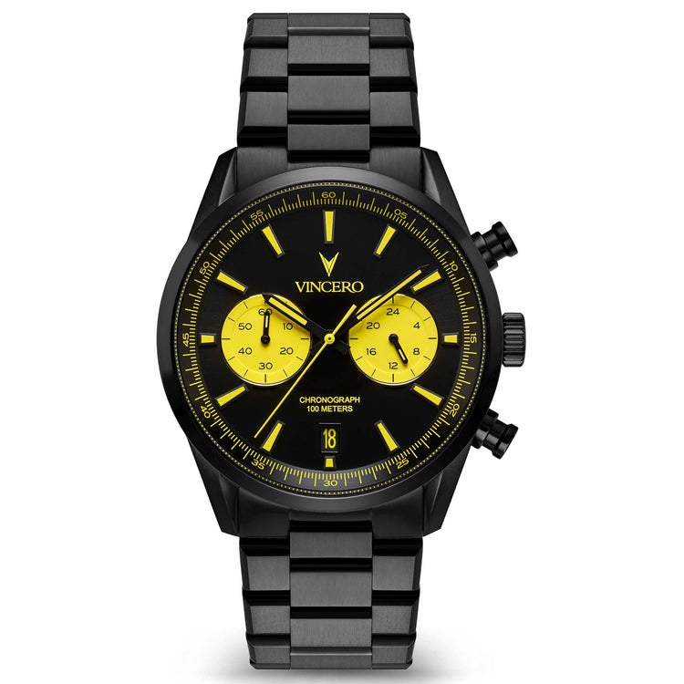 Black and yellow Vincero watch on a white background