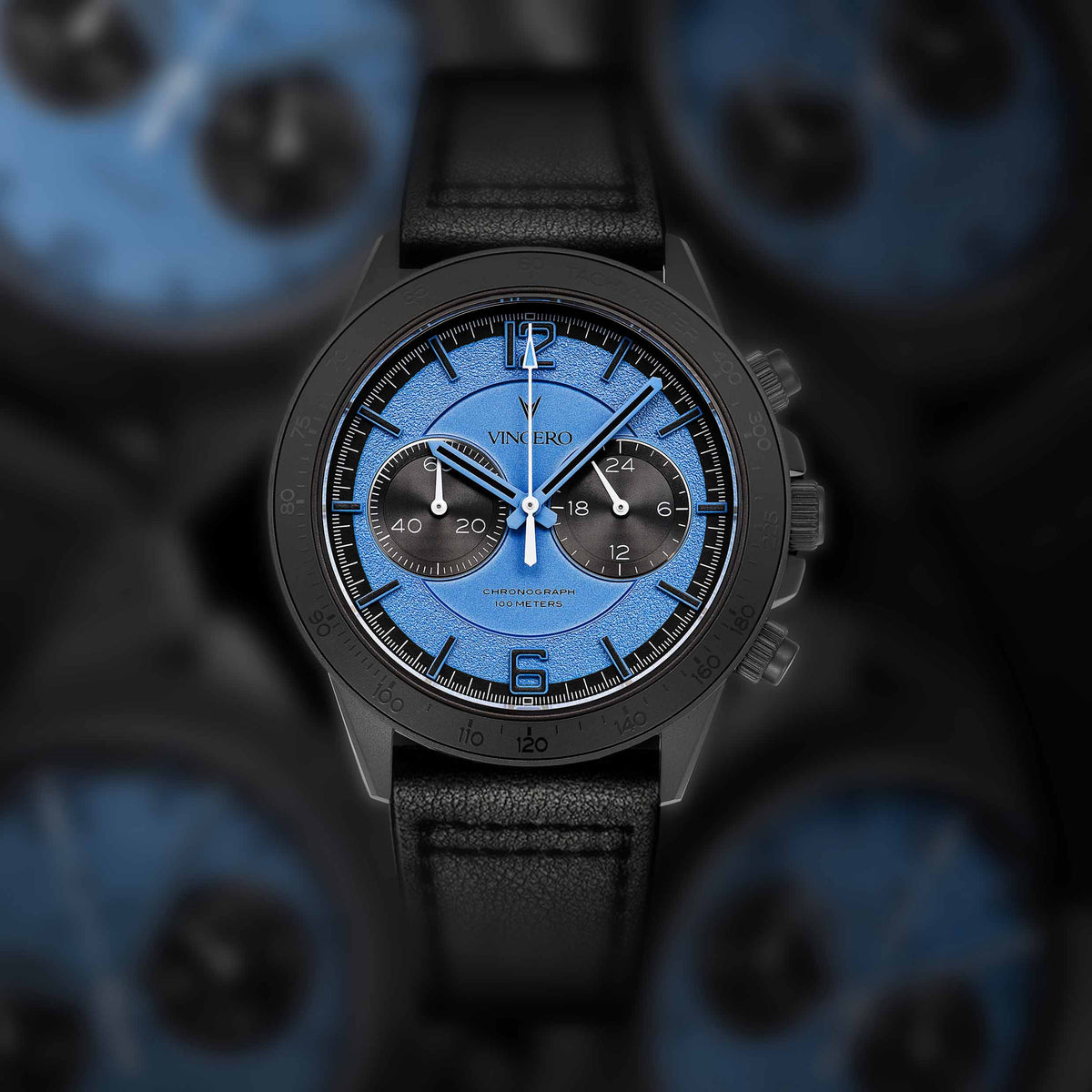 Close-up of the Apex Limited Edition watch, featuring a blue face and matte black band.  