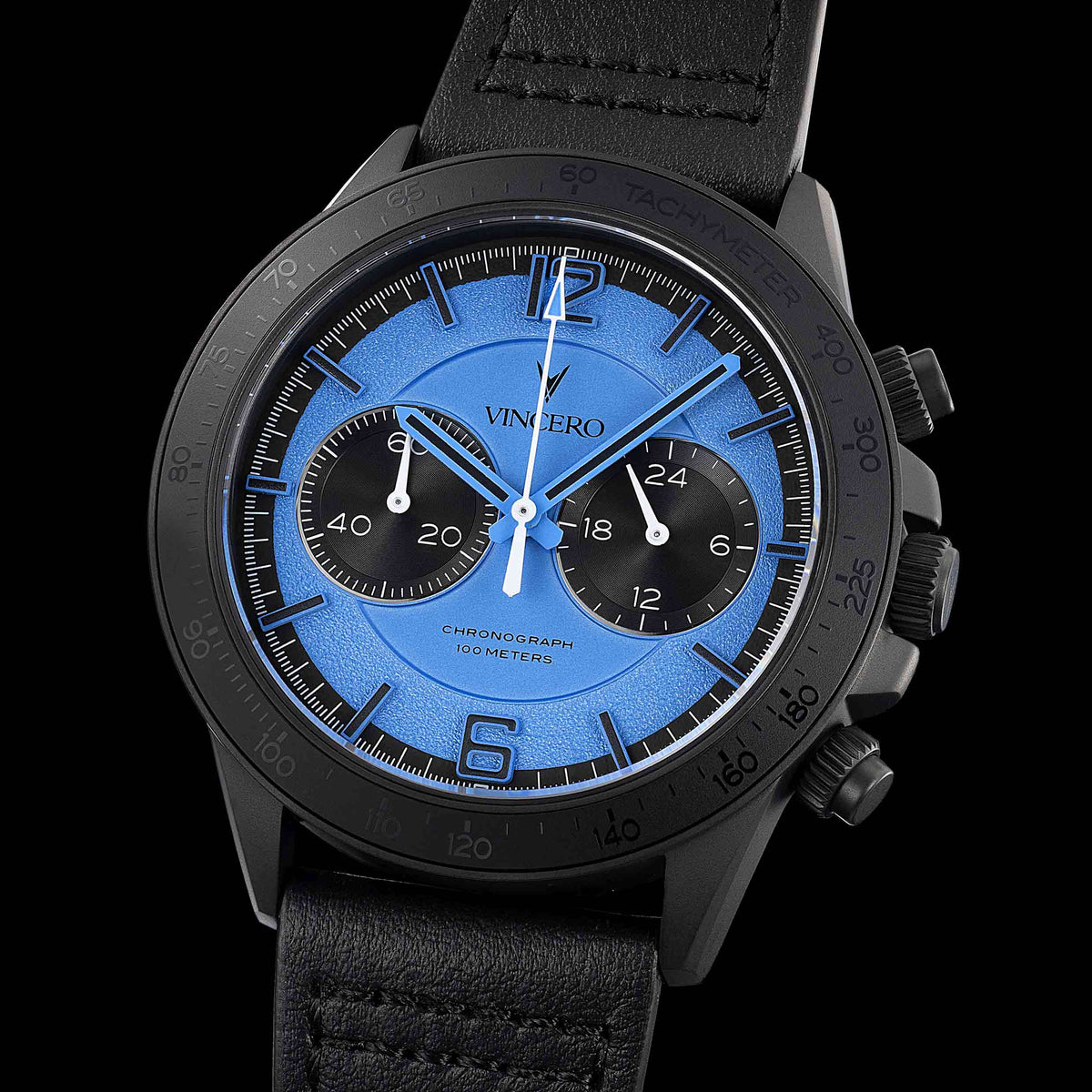 Close-up of the Apex Limited Edition watch, featuring a blue face and matte black band. 
