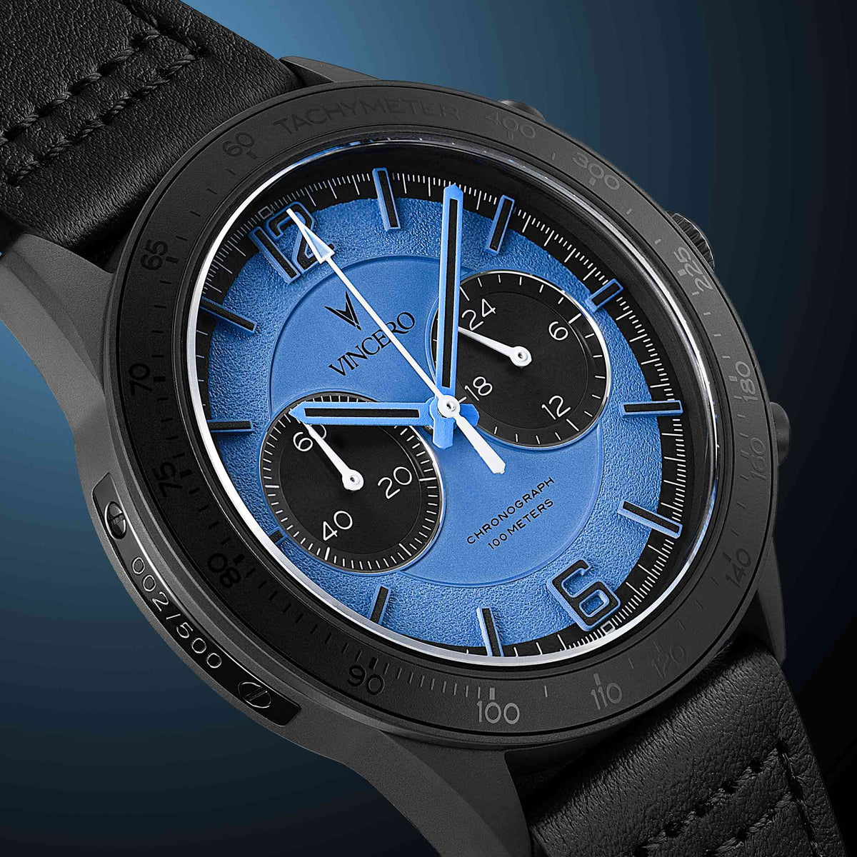 Close-up of the Apex Limited Edition watch, featuring a blue face and matte black band. 