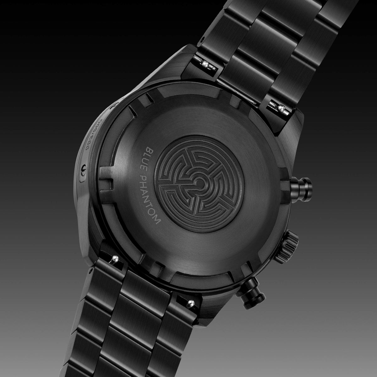 Back of the Chrono Limited Release watch. "Blue Phantom" text is written on the back of the watch.