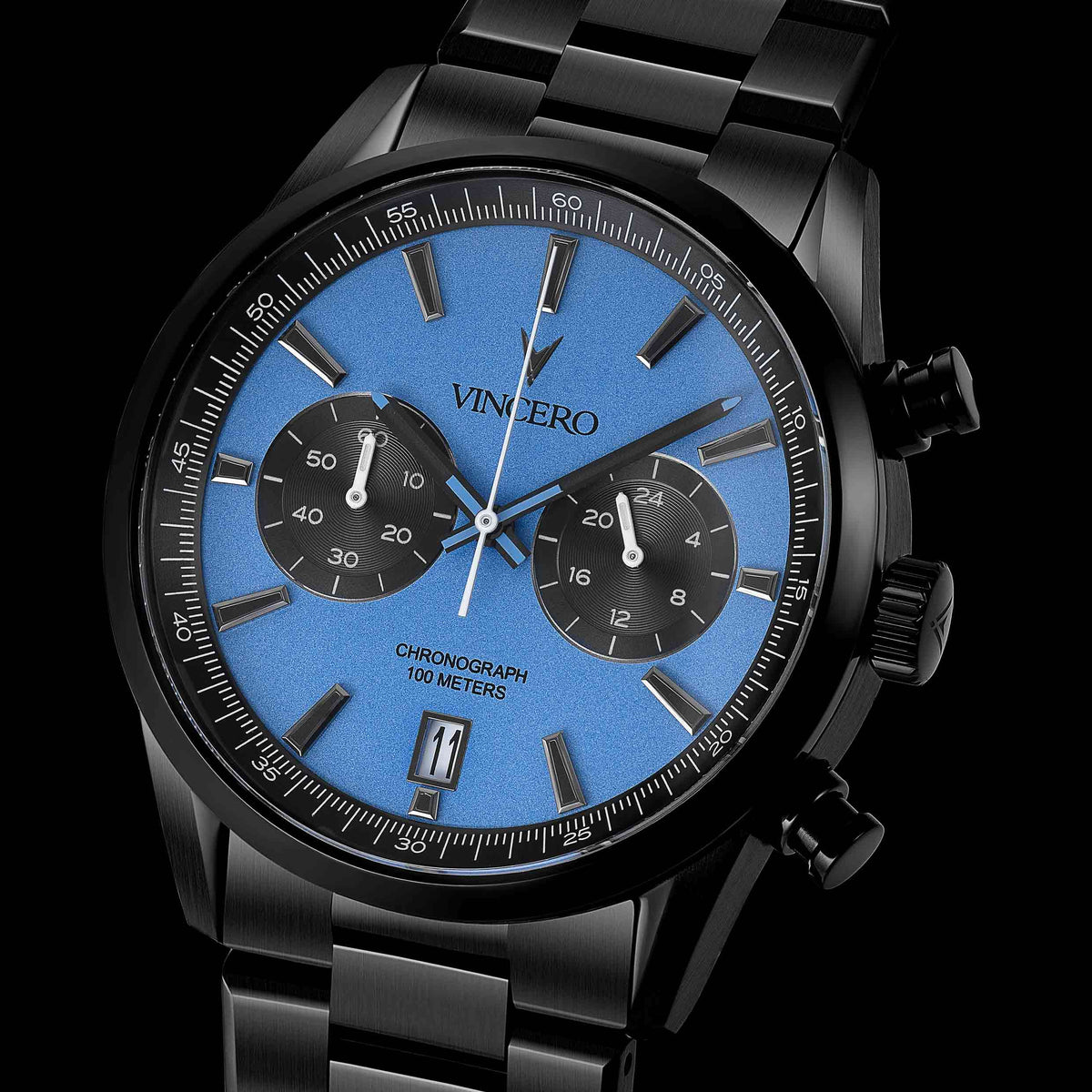Close-up of the Chrono Limited Release watch, featuring a blue face and matte black band.