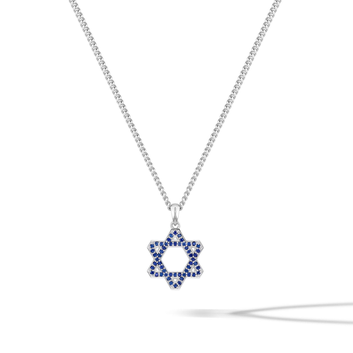 Star-shaped pendant necklace with blue stones on a white background
