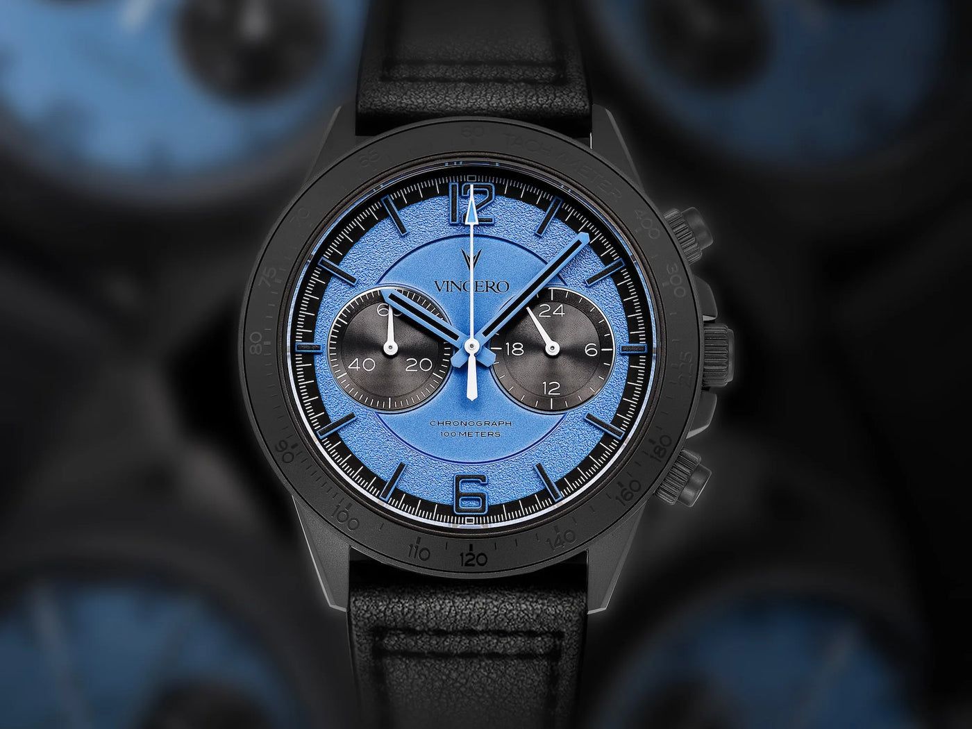 Close-up of the Apex Limited Edition watch, featuring a blue face and matte black band.