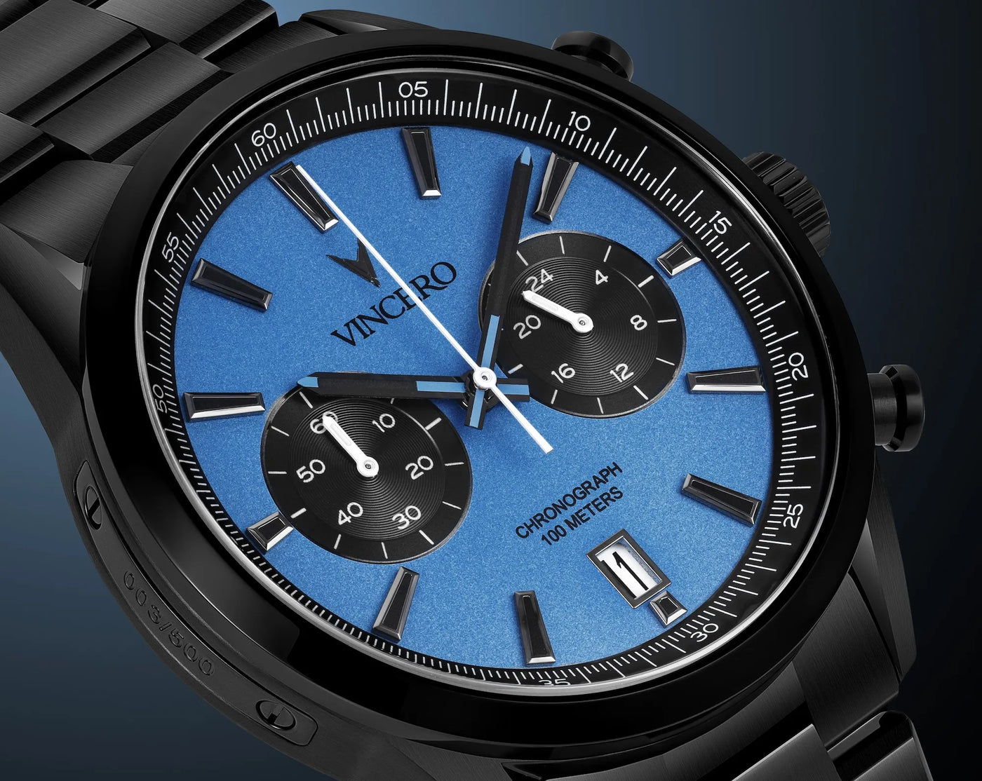 Close-up image of the Chrono Limited Release with blue watch face and matte black watch band