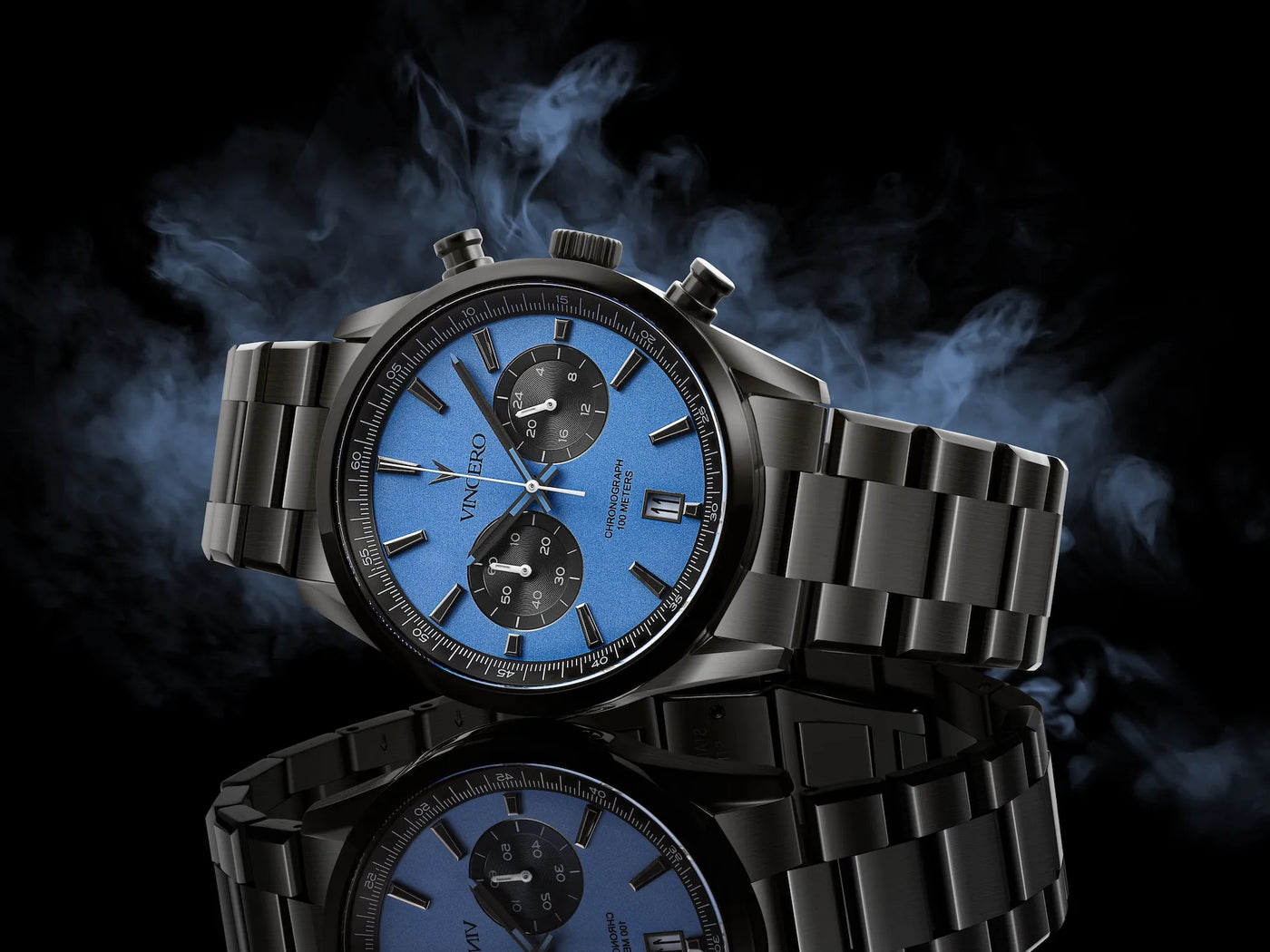 Chrono Limited Release with blue watch face and matte black watch band