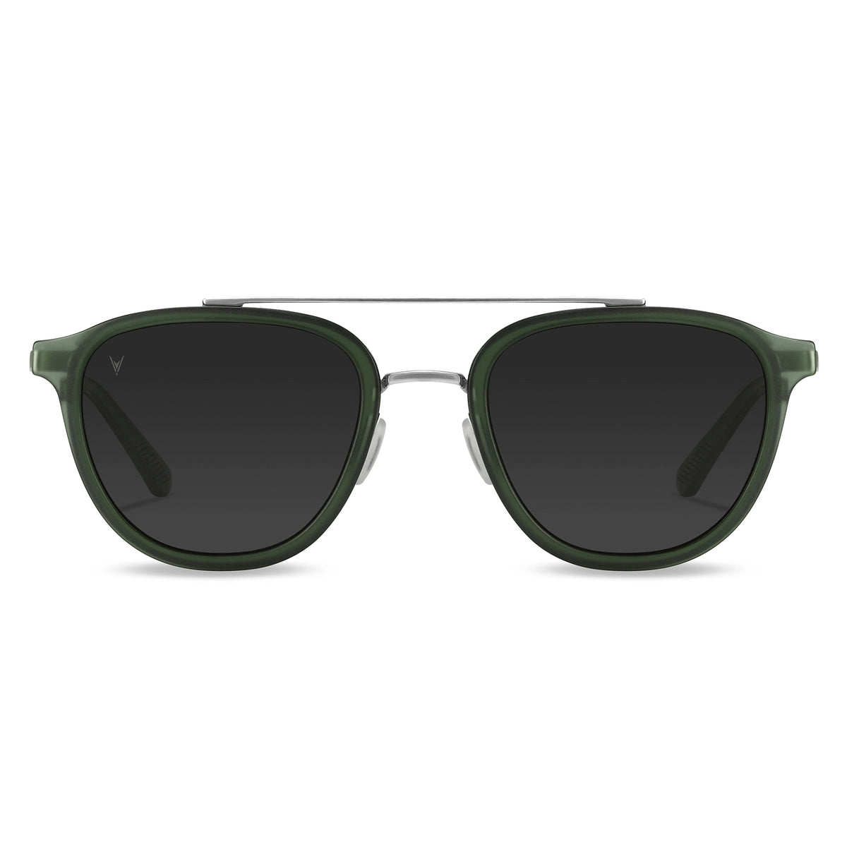 A pair of sunglasses with a green frame, gold accents, and black lenses.